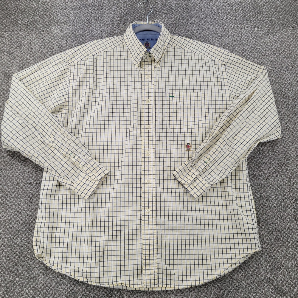Vintage Tommy Hilfiger Mens Large Yellow Navy Check Button Down Crest Shirt